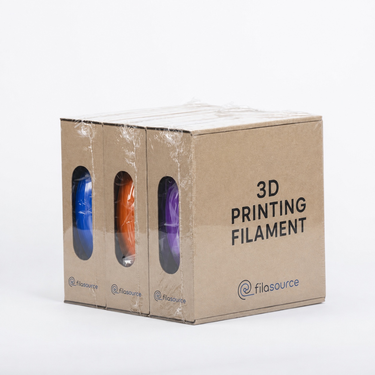 Three window cartons for packaged filament products.