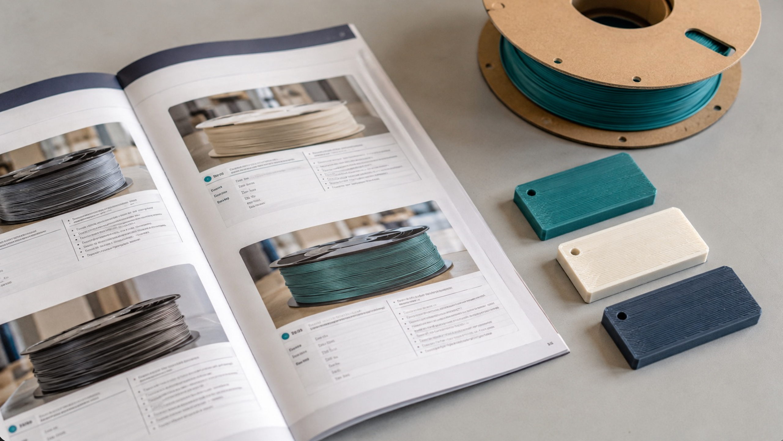 Open product booklet beside a filament spool and printed samples.
