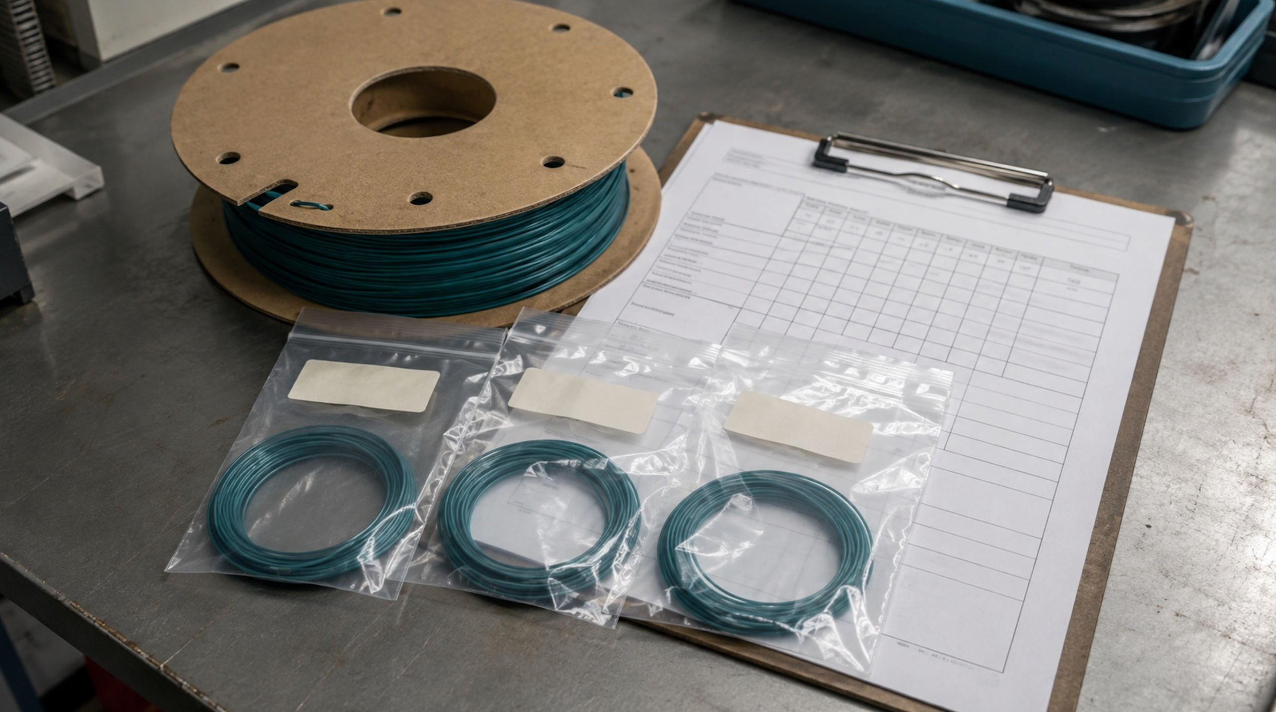 Filament diameter being measured beside labelled sample pieces